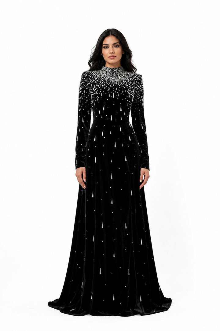 Long sleeve velvet gown with pearl cascade - Sinmu