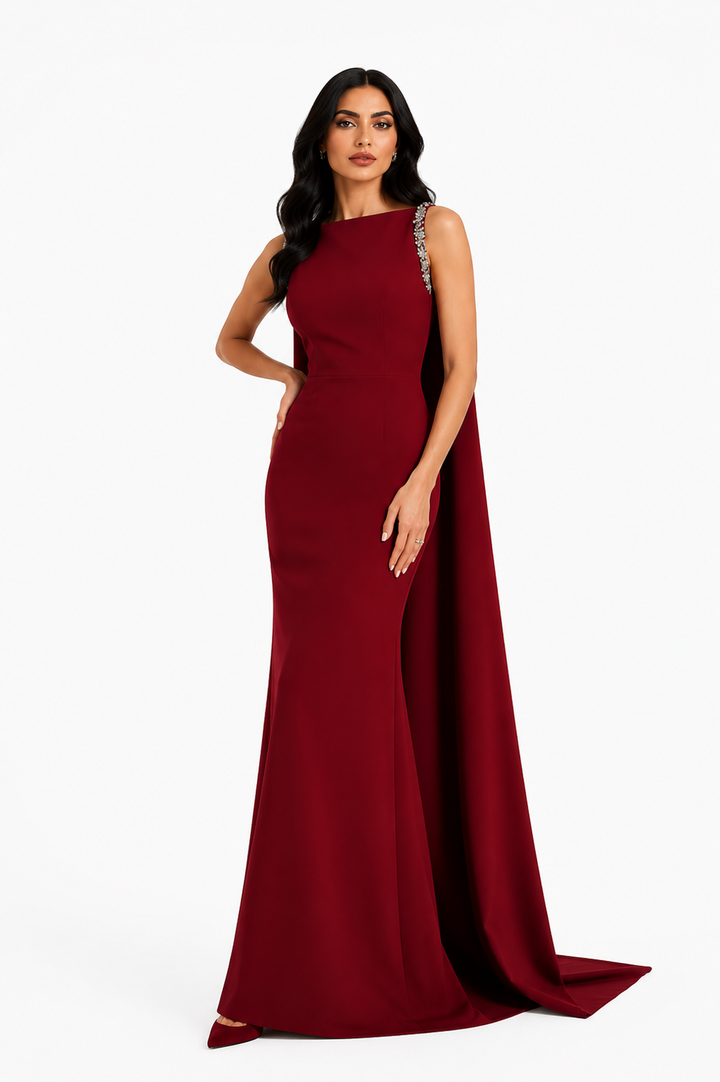 Crystal Strap Cape Maxi Dress - Garnet