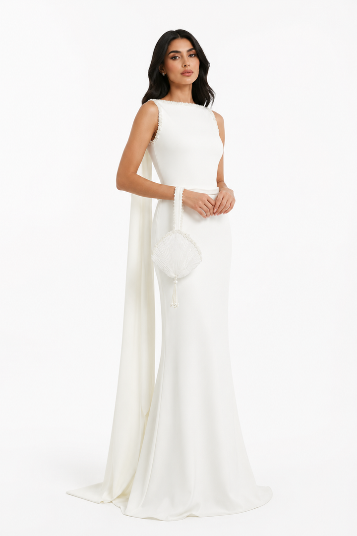 Crystal Strap Cape Maxi Dress - Garnet
