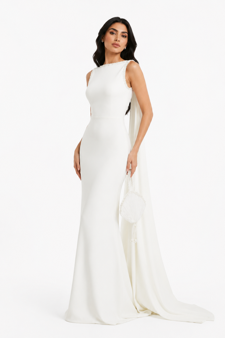 Crystal Strap Cape Maxi Dress - Garnet