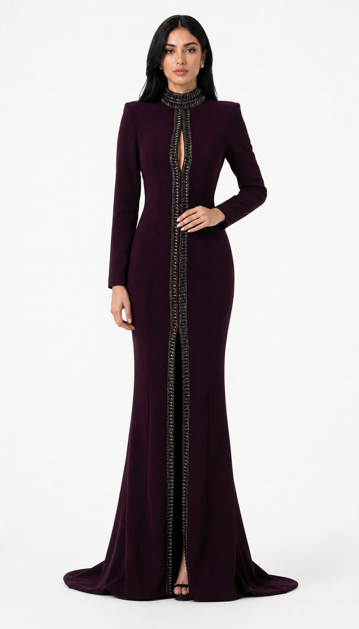 Crystal Trim Keyhole Mermaid Maxi Dress - Bordeaux