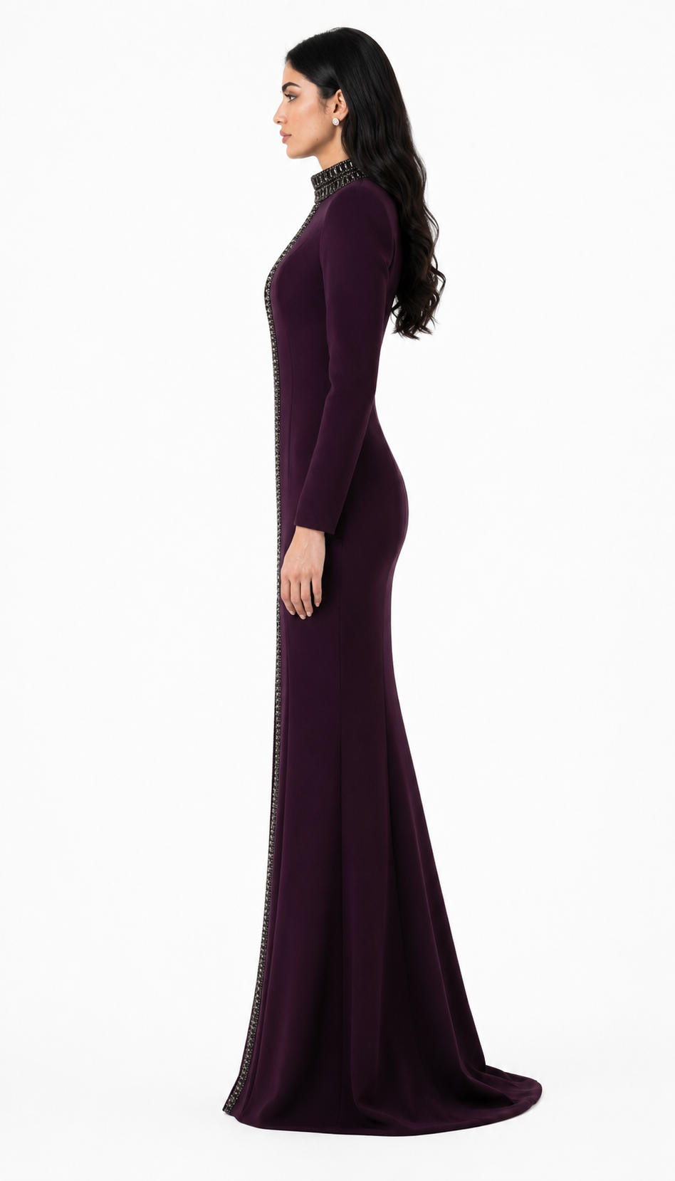 Crystal Trim Keyhole Mermaid Maxi Dress - Bordeaux