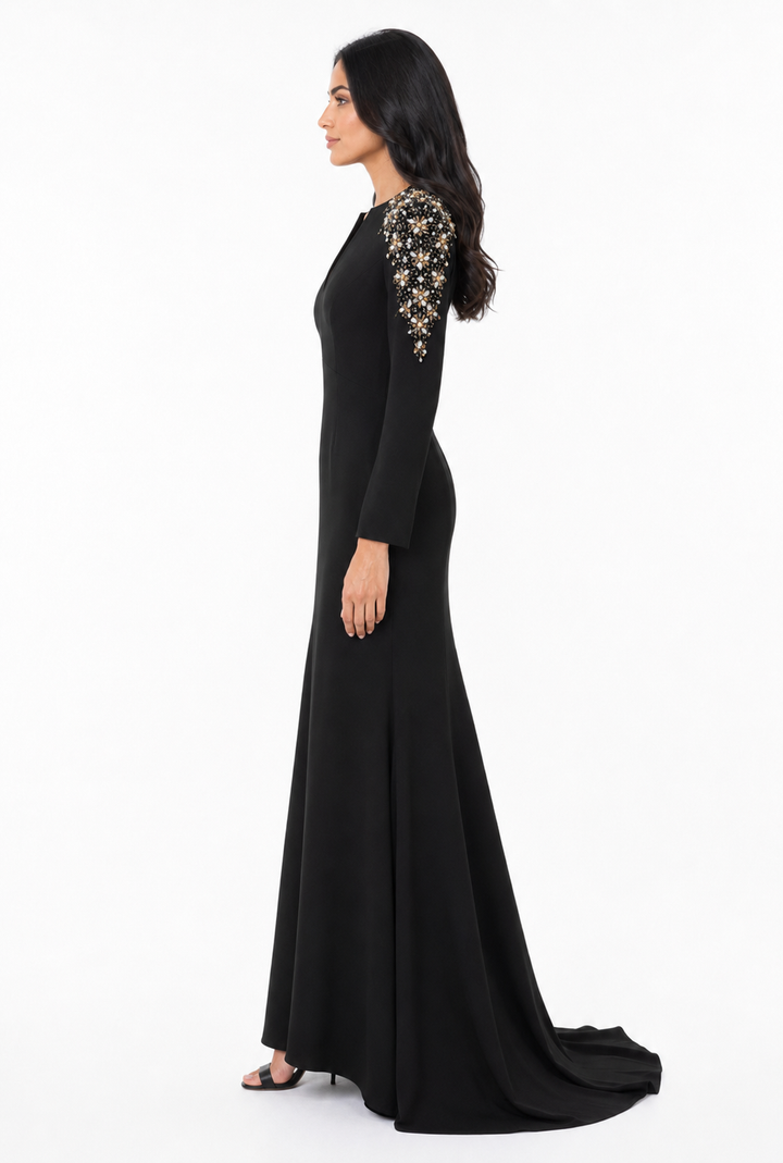 Crystal Embellished Shoulder Mermaid Maxi Dress - Amethyst