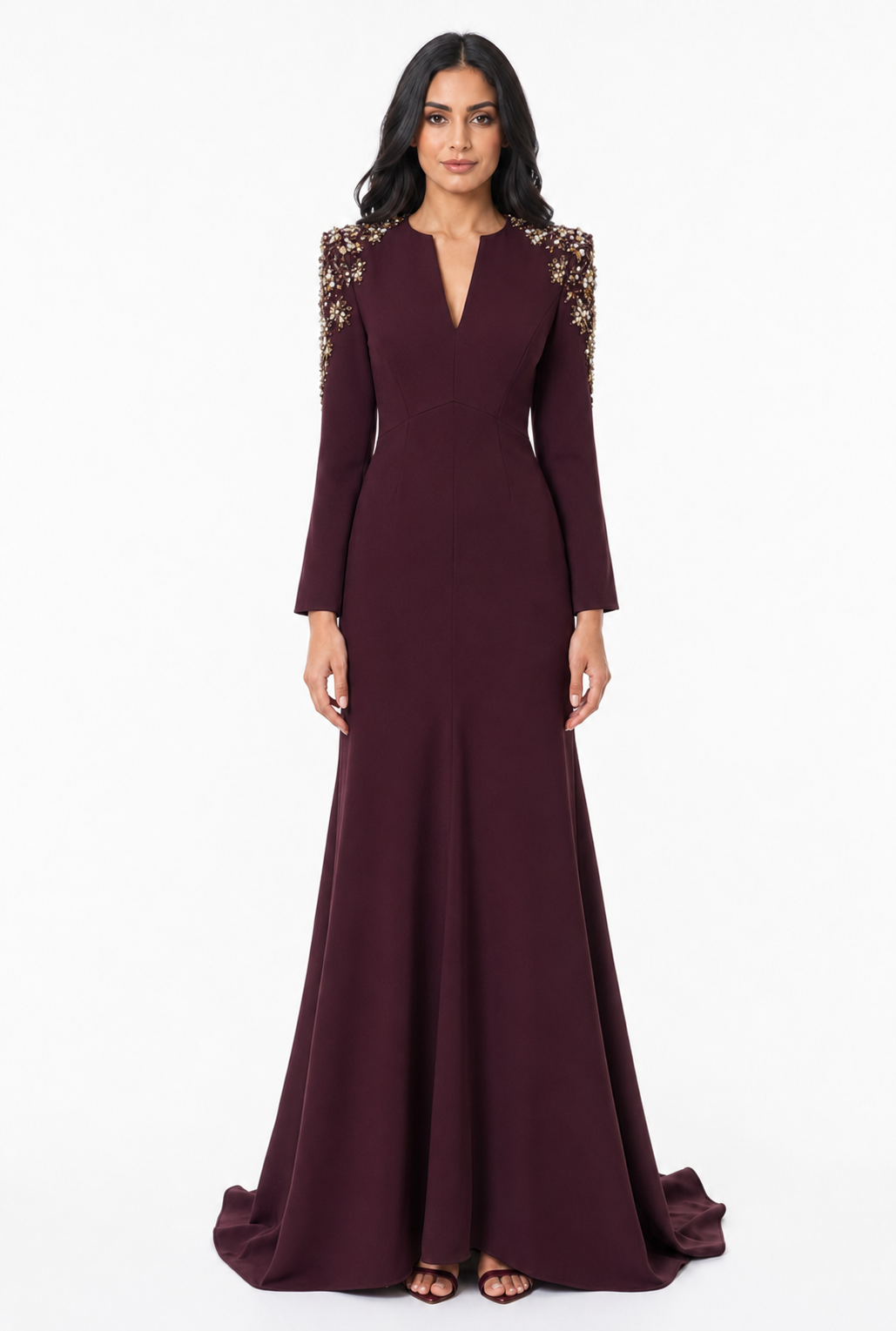 Crystal Embellished Shoulder Mermaid Maxi Dress - Amethyst