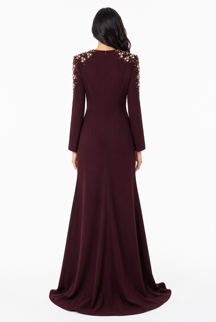 Crystal Embellished Shoulder Mermaid Maxi Dress - Amethyst