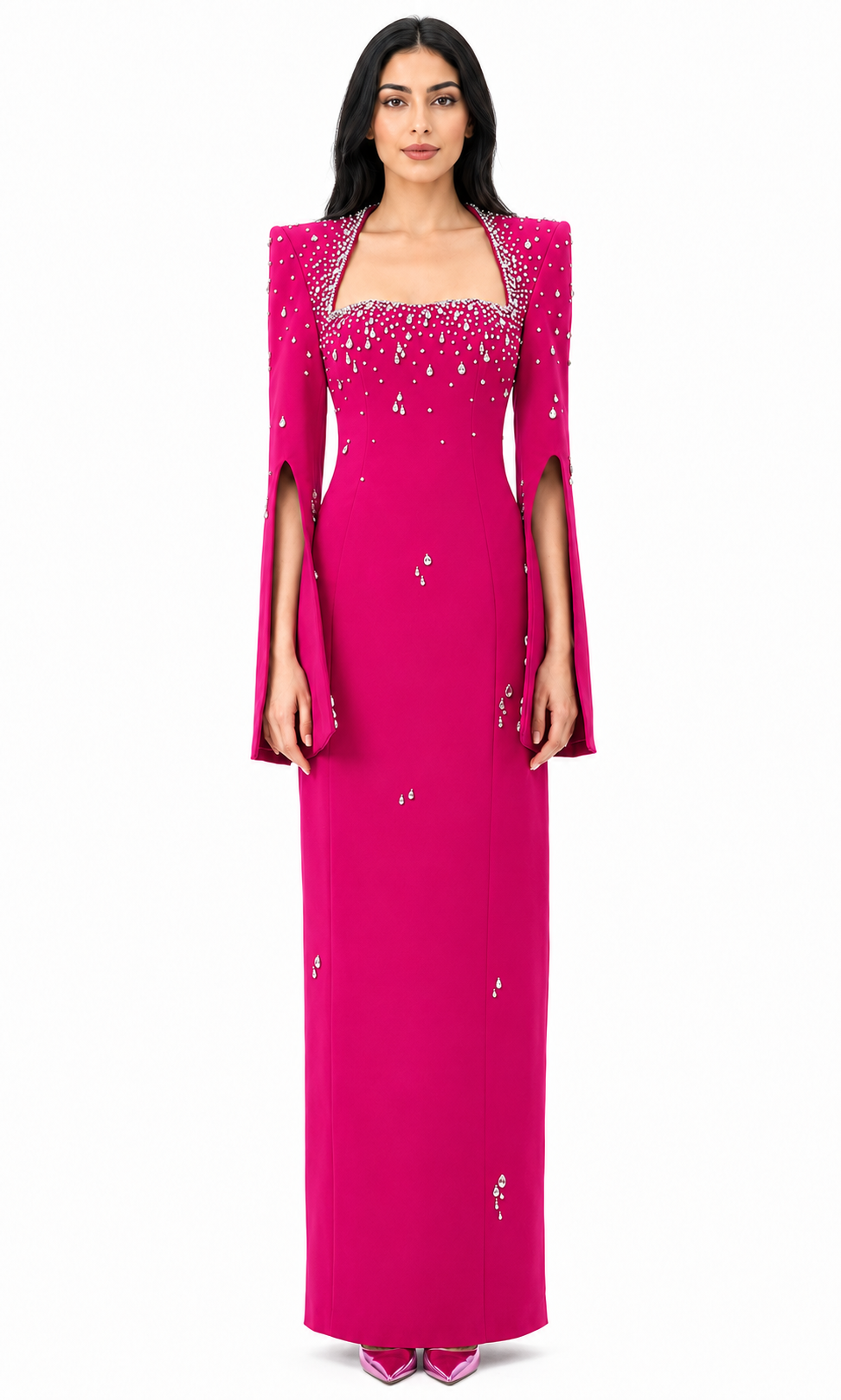 Crystal Embellished Cape Sleeve Maxi Dress - Lizra