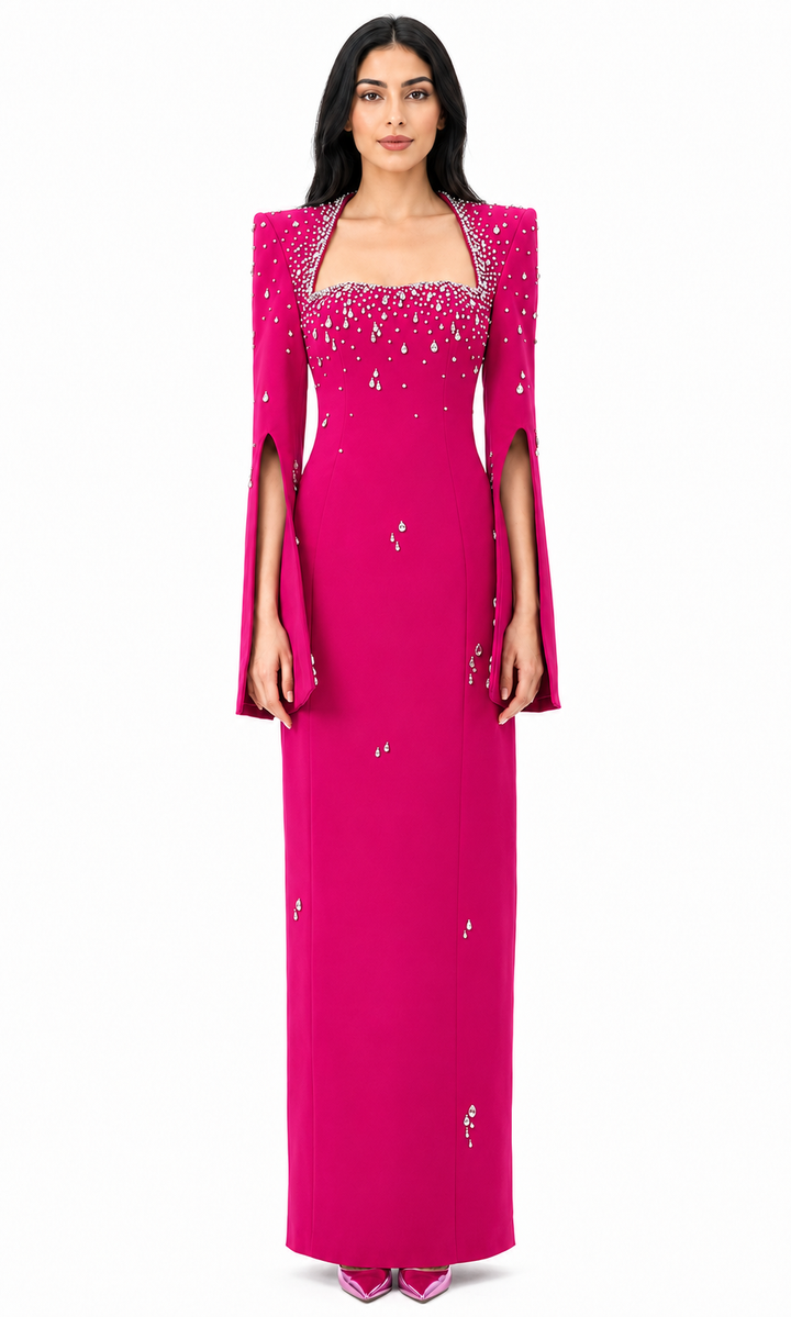 Crystal Embellished Cape Sleeve Maxi Dress - Lizra