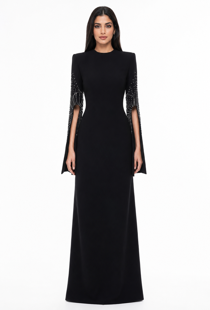 Crystal Cape Sleeve Evening Gown - Valencia