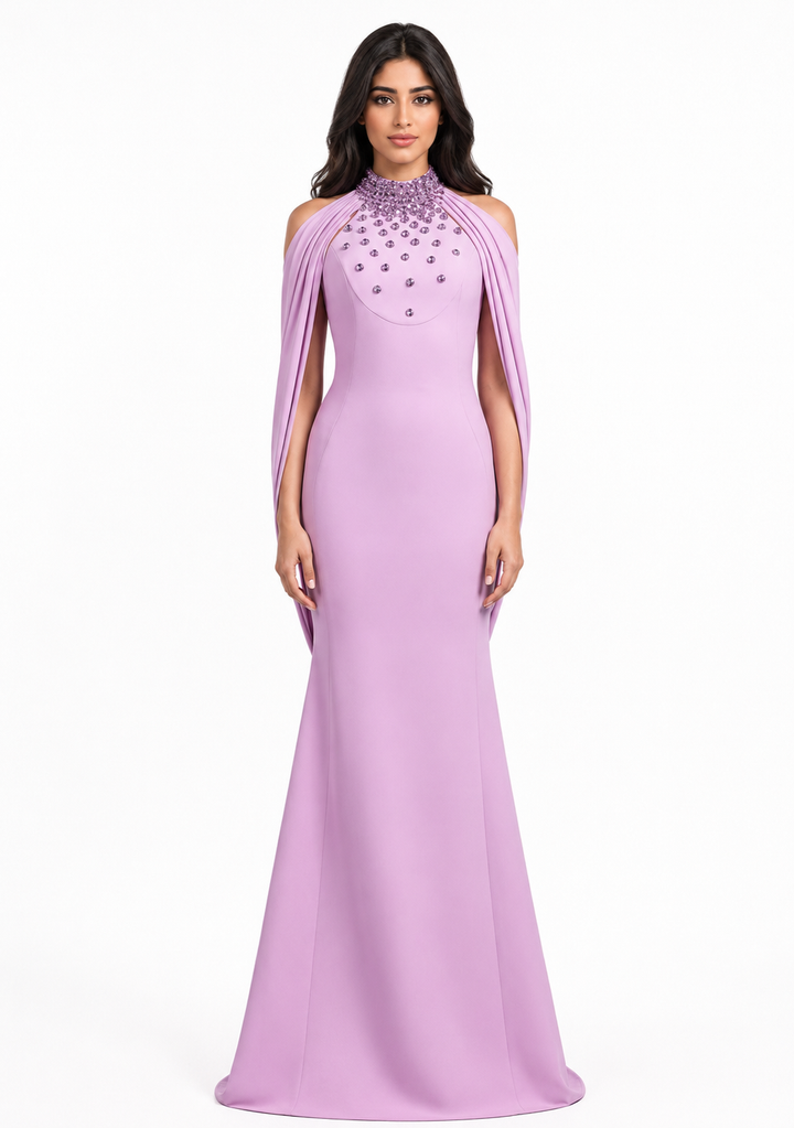 Crystal Cape Sleeve Mermaid Gown - Amala