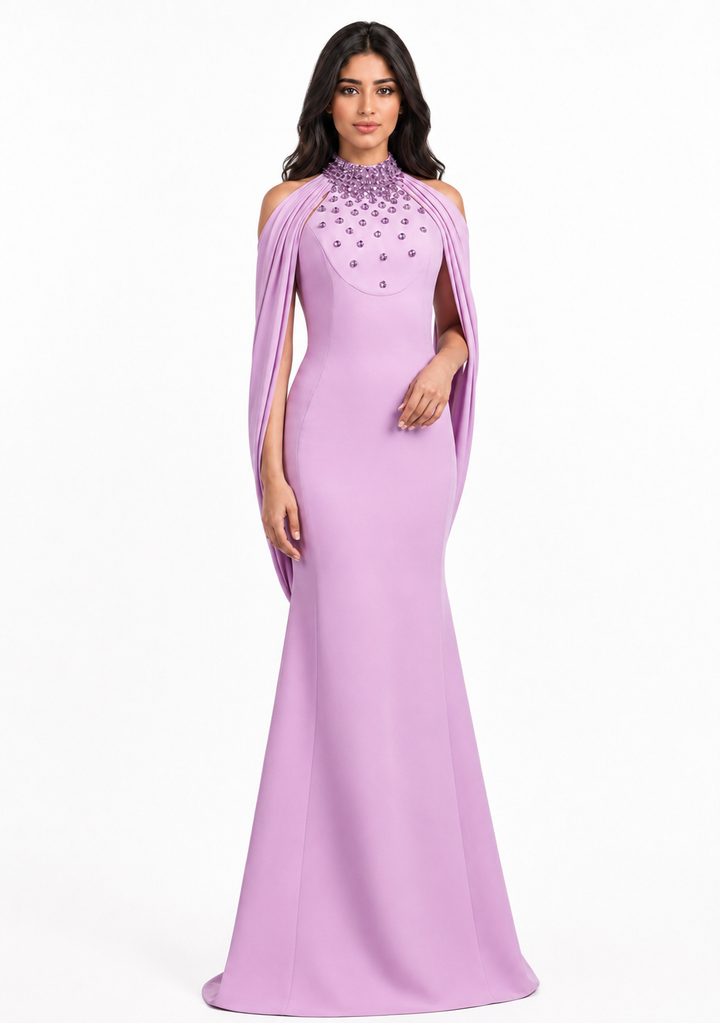 Crystal Cape Sleeve Mermaid Gown - Amala