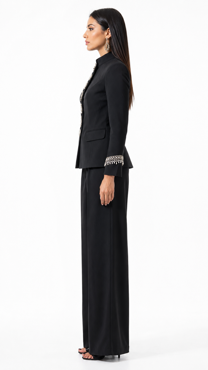 Crystal Button Tailored Blazer & Wide-Leg Pants Set - Aria