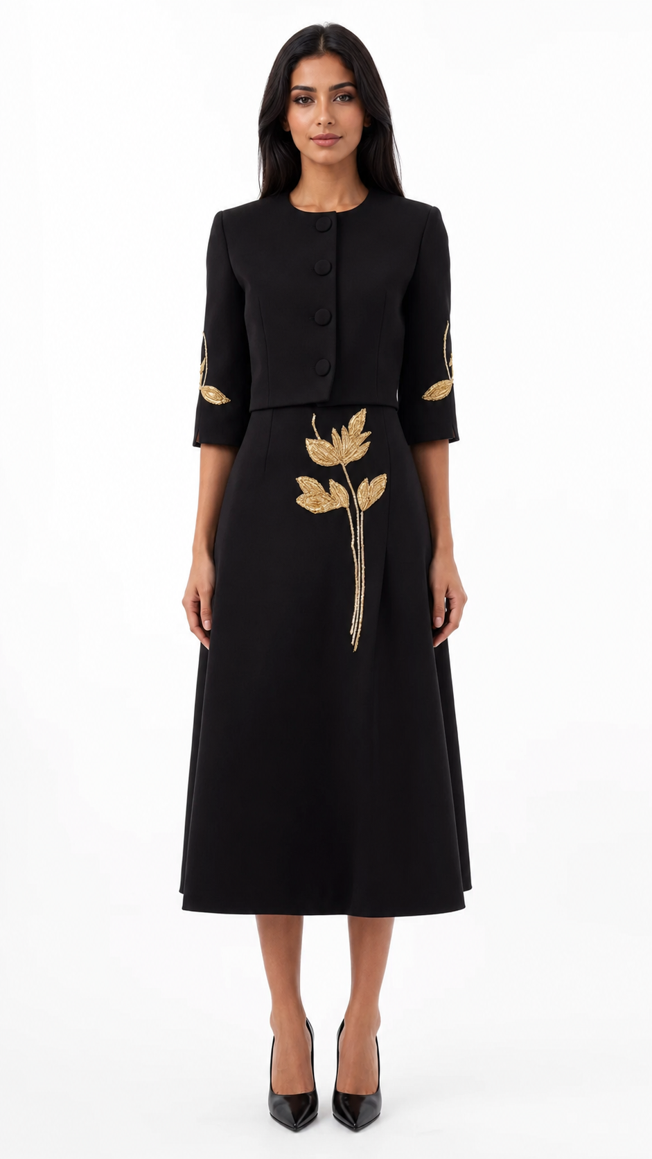 Embroidered Cropped Jacket & Midi Skirt Set - Vera