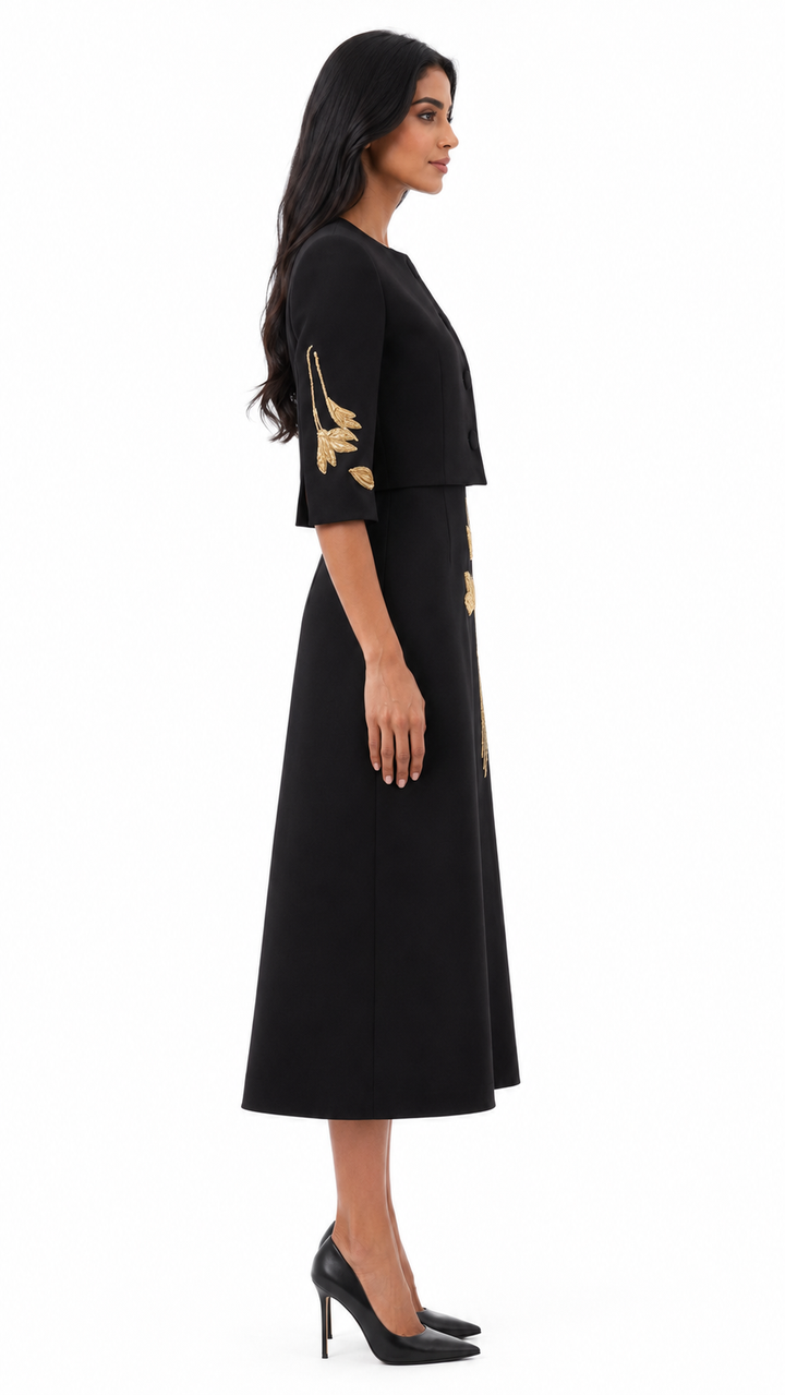 Embroidered Cropped Jacket & Midi Skirt Set - Vera