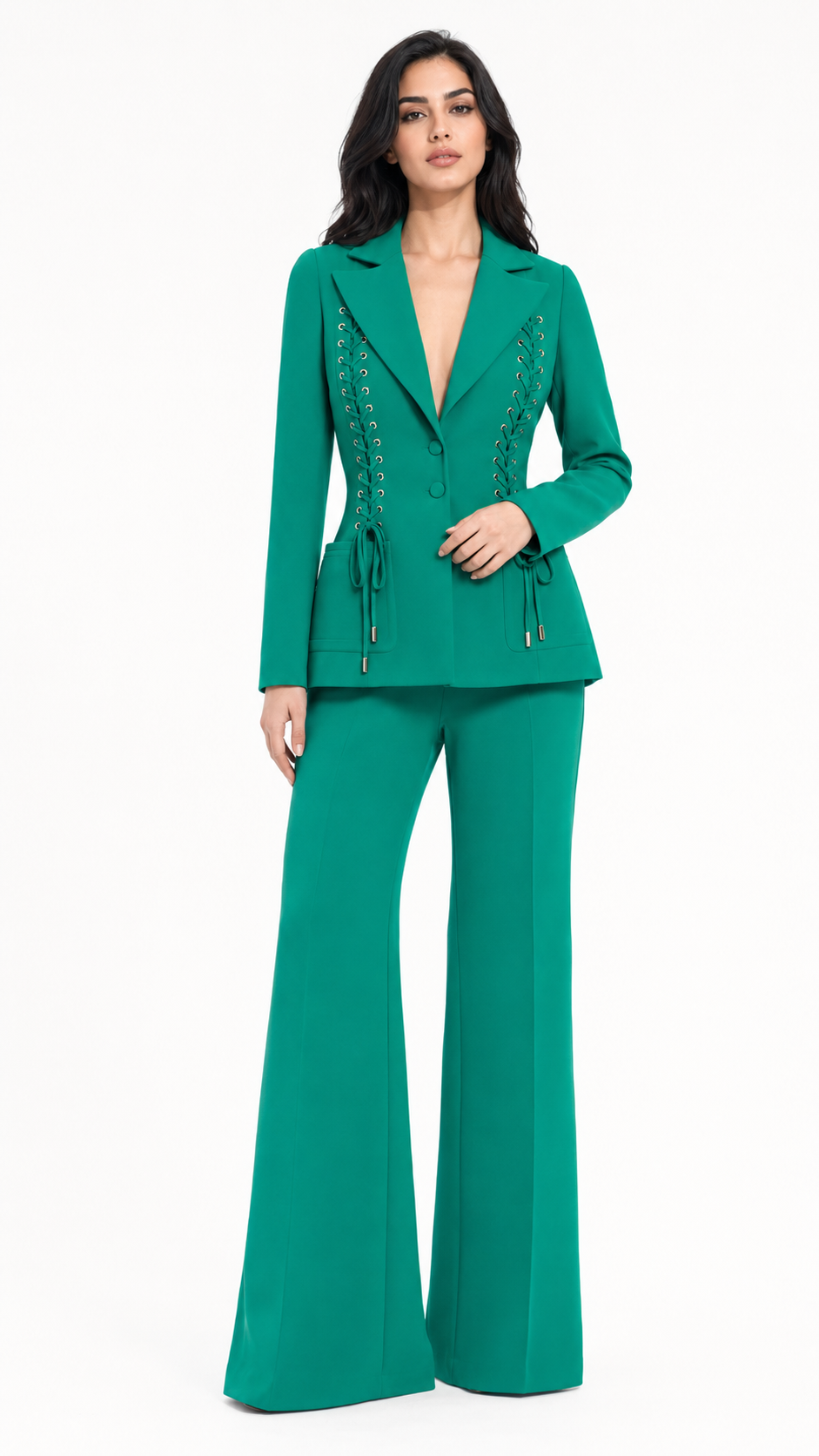 Lace-Up Tailored Blazer & Flared Pants Set - Nova