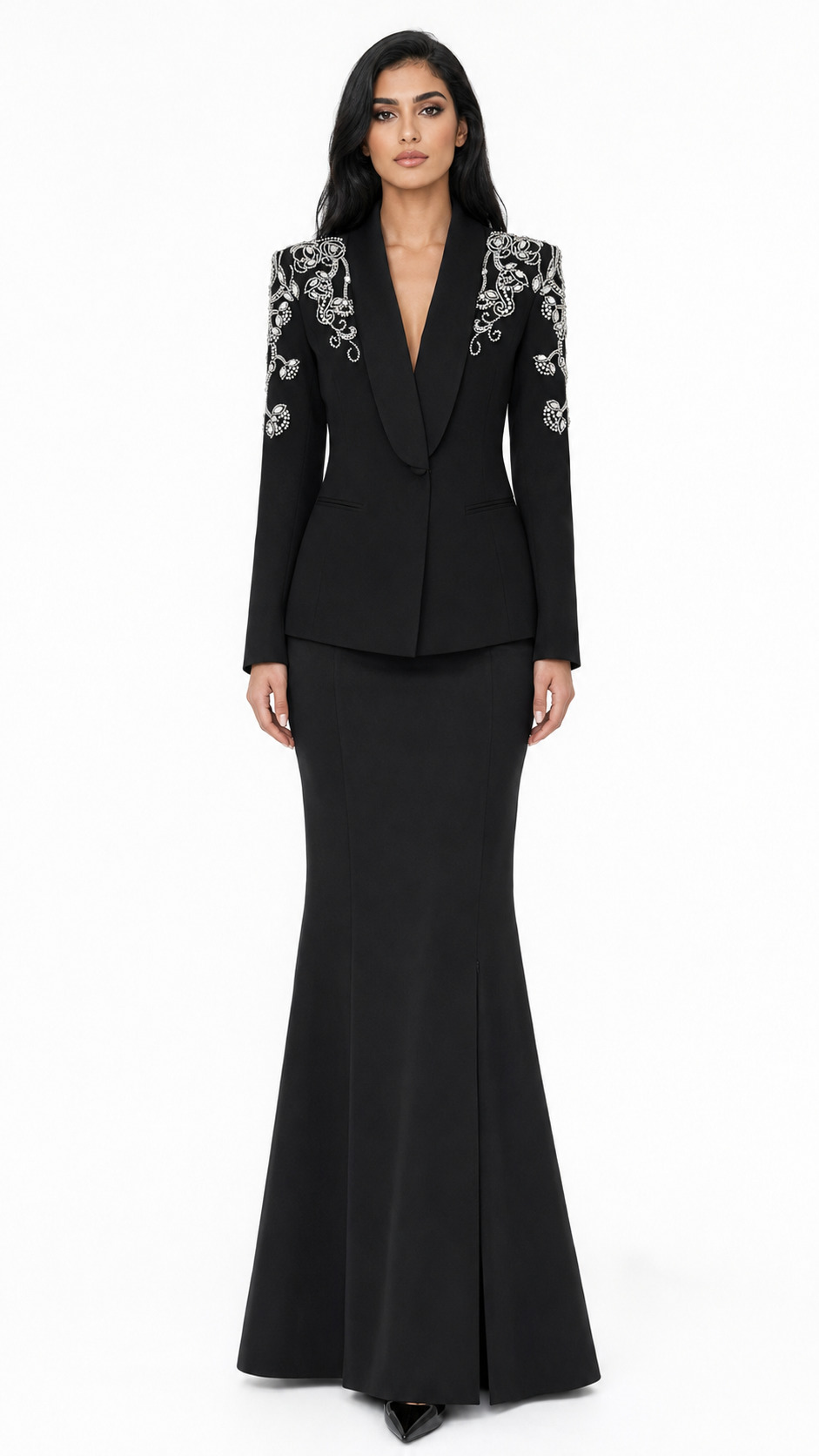 Crystal Embroidered Blazer & Mermaid Skirt Set - Elara