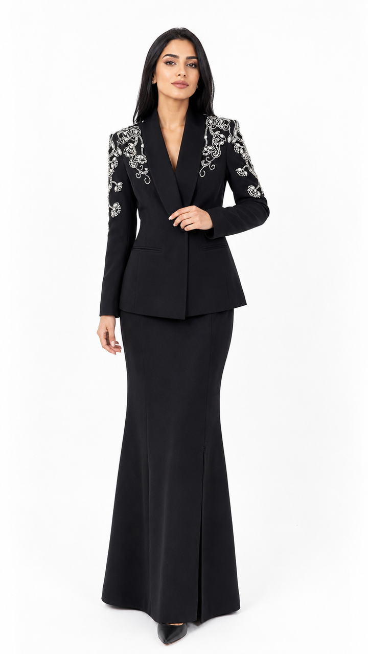 Crystal Embroidered Blazer & Mermaid Skirt Set - Elara
