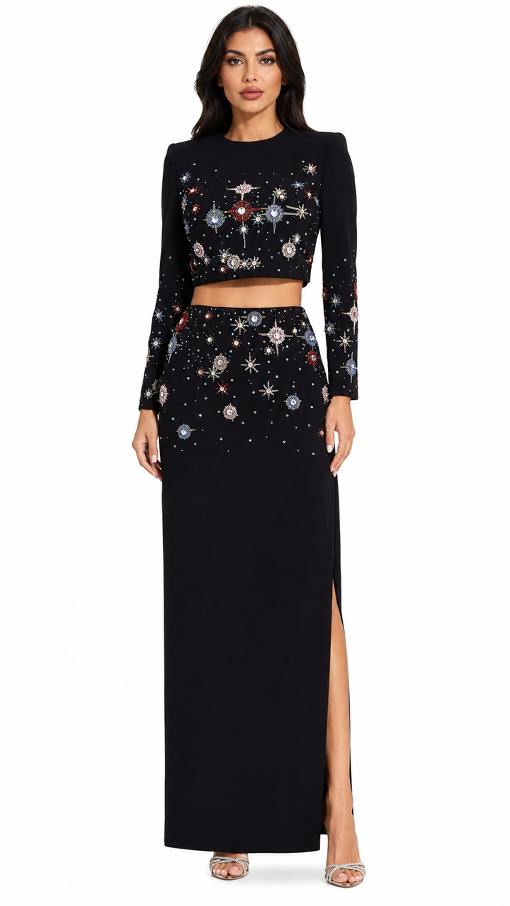 Black Celestial Embellished Two-Piece Evening Set – Celeste