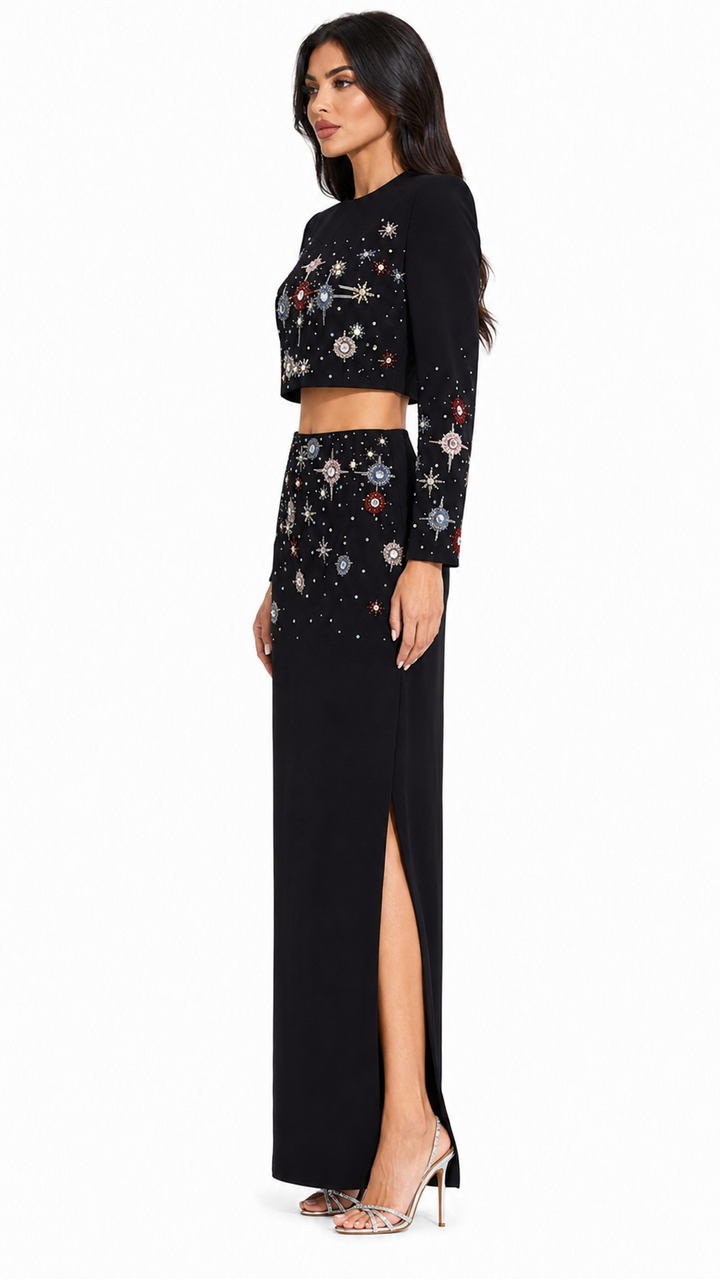Black Celestial Embellished Two-Piece Evening Set – Celeste