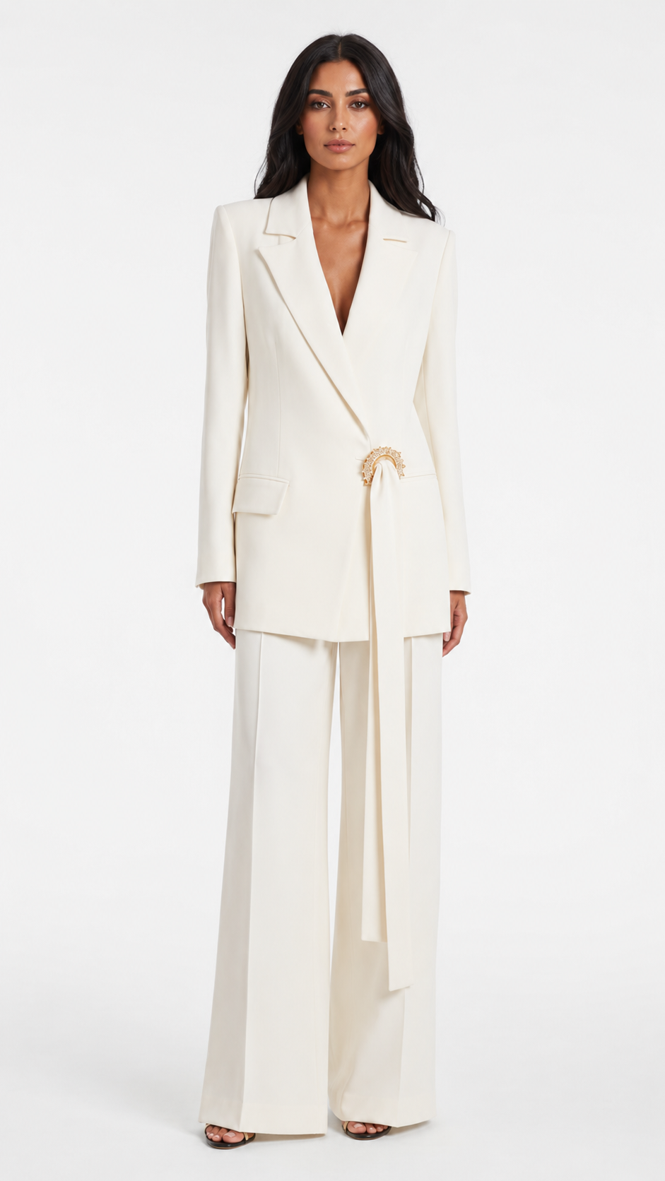Ivory Draped Buckle Blazer & Wide-Leg Pants Suit Set – ARIA