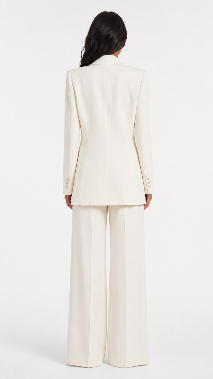 Ivory Draped Buckle Blazer & Wide-Leg Pants Suit Set – ARIA