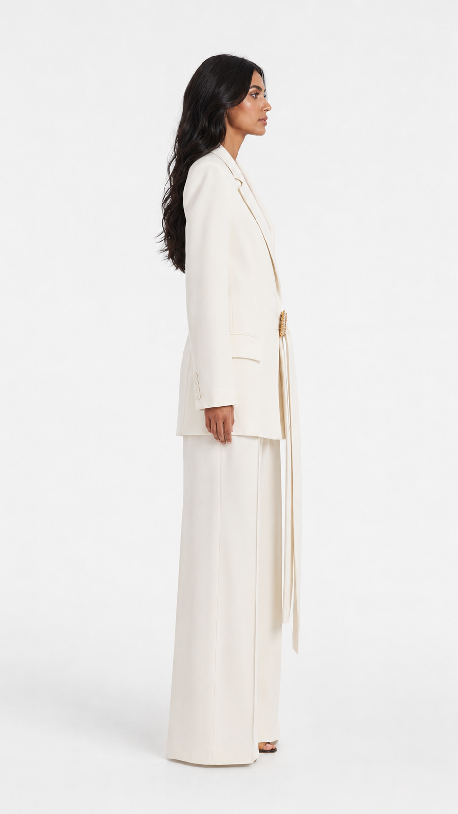 Ivory Draped Buckle Blazer & Wide-Leg Pants Suit Set – ARIA