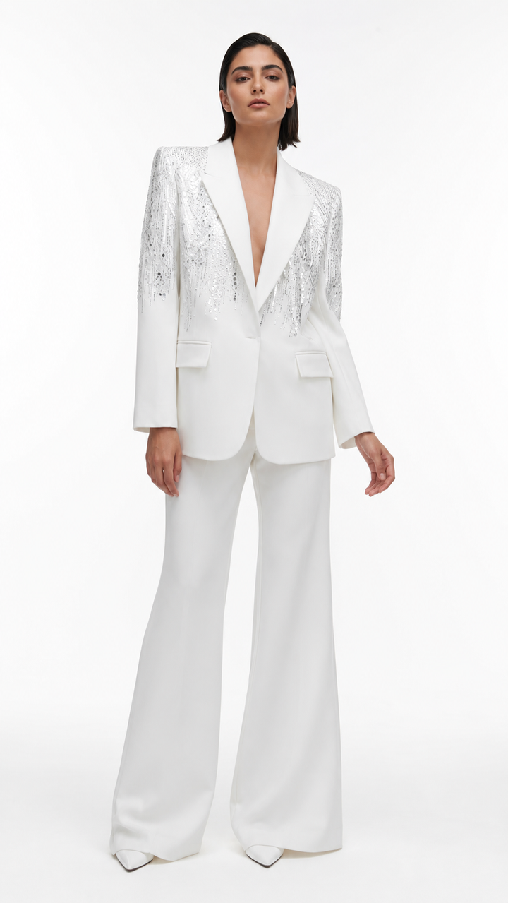 White Sequin Embellished Blazer & Wide-Leg Pants Suit Set – NOVA