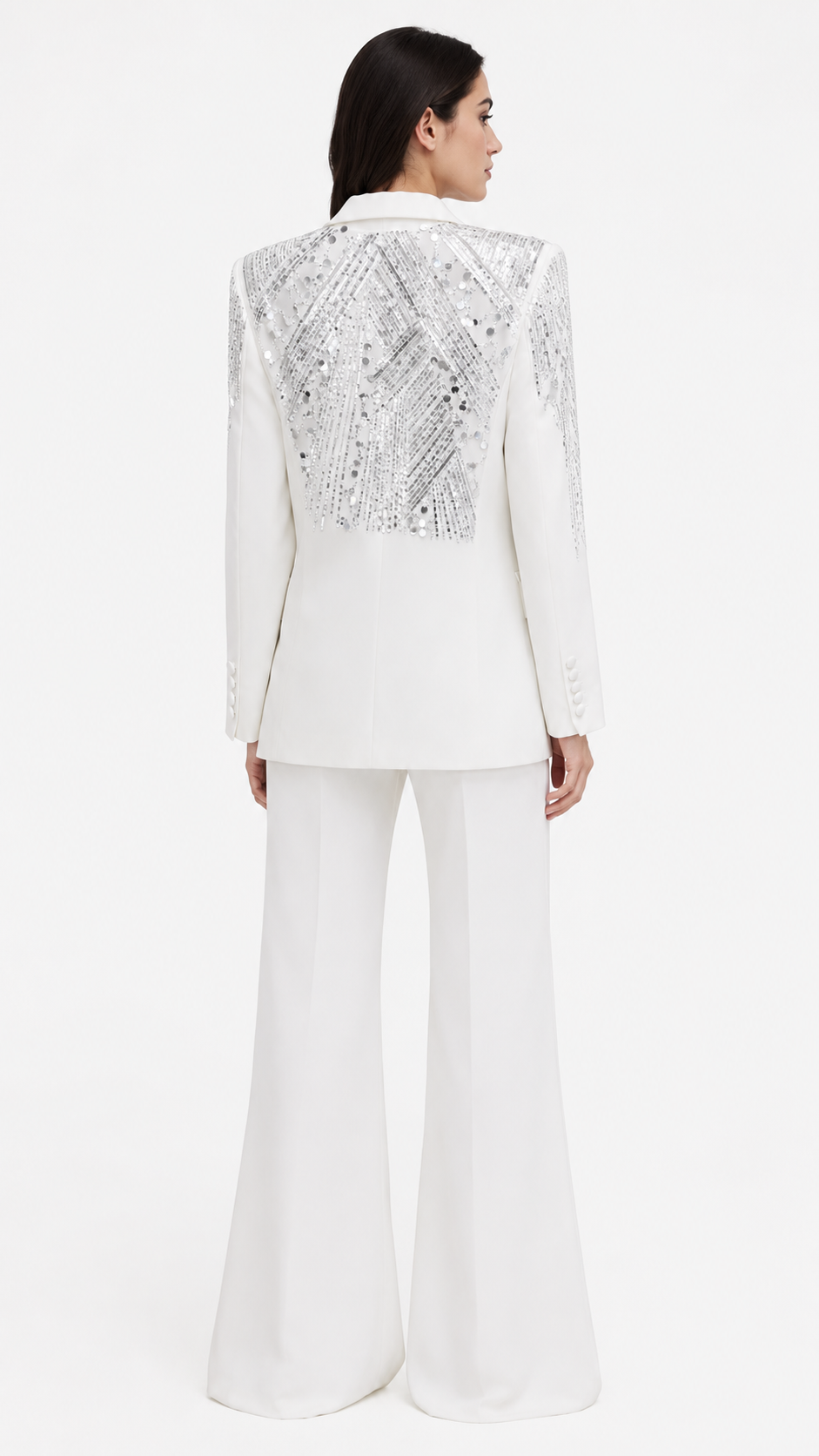 White Sequin Embellished Blazer & Wide-Leg Pants Suit Set – NOVA
