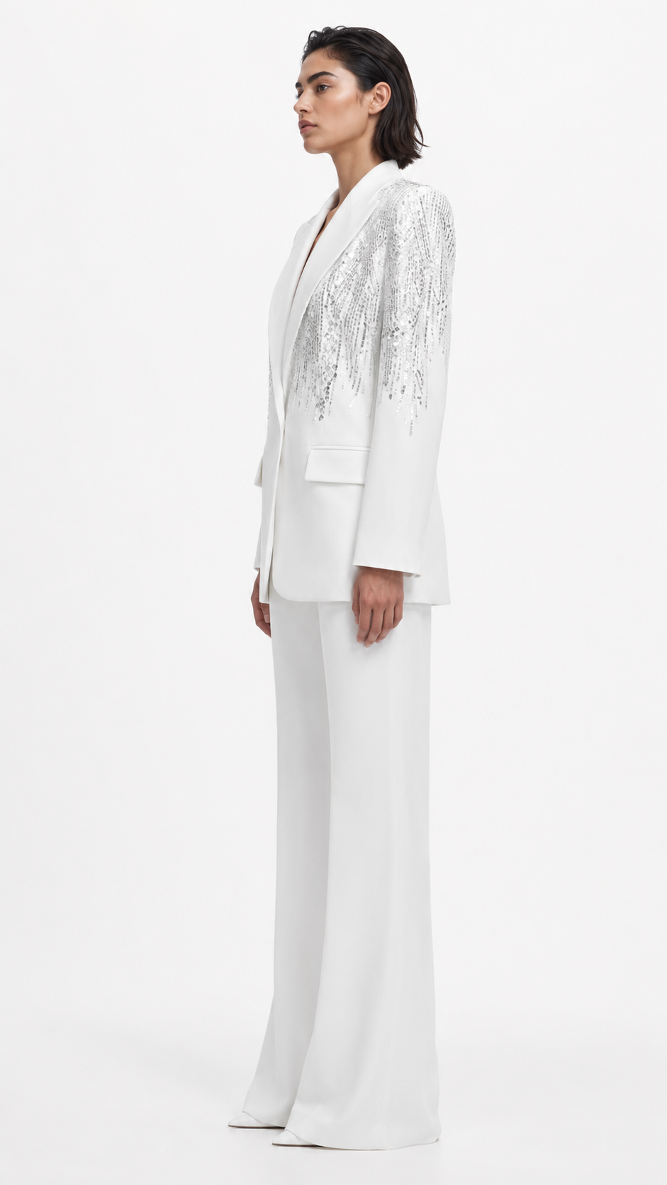 White Sequin Embellished Blazer & Wide-Leg Pants Suit Set – NOVA
