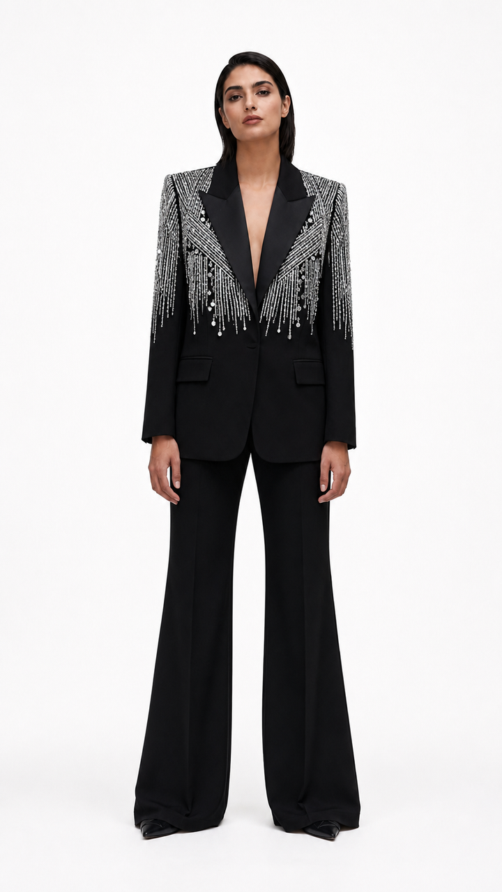 White Sequin Embellished Blazer & Wide-Leg Pants Suit Set – NOVA