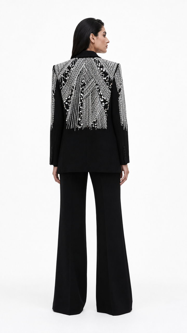 White Sequin Embellished Blazer & Wide-Leg Pants Suit Set – NOVA