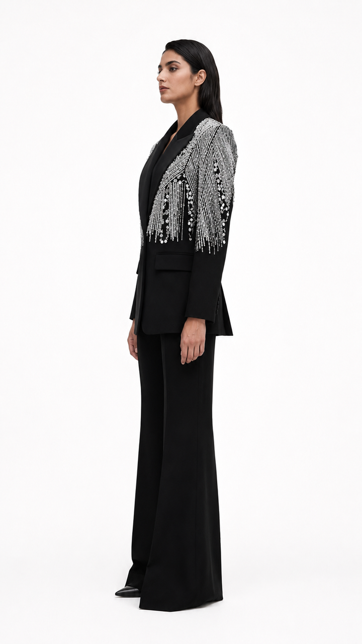 White Sequin Embellished Blazer & Wide-Leg Pants Suit Set – NOVA