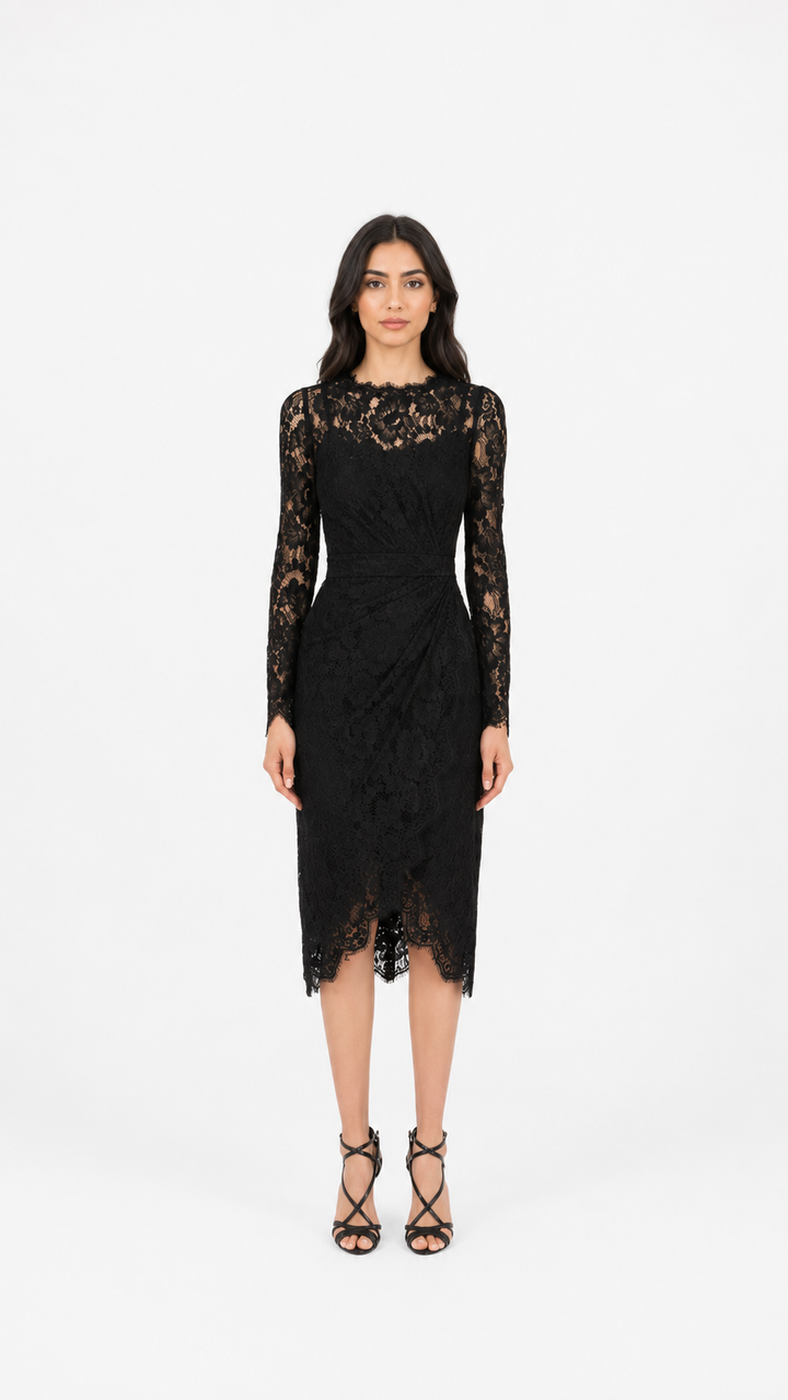 Black Lace Long-Sleeve Midi Dress – Celeste