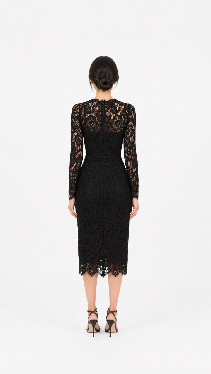 Black Lace Long-Sleeve Midi Dress – Celeste
