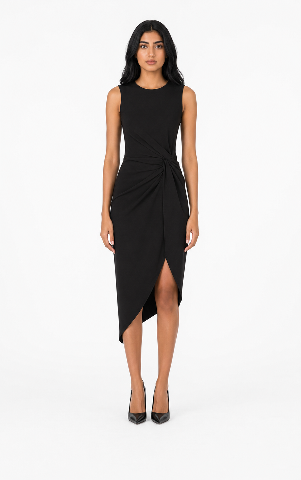 Black Ruched Asymmetric Midi Dress – Vera