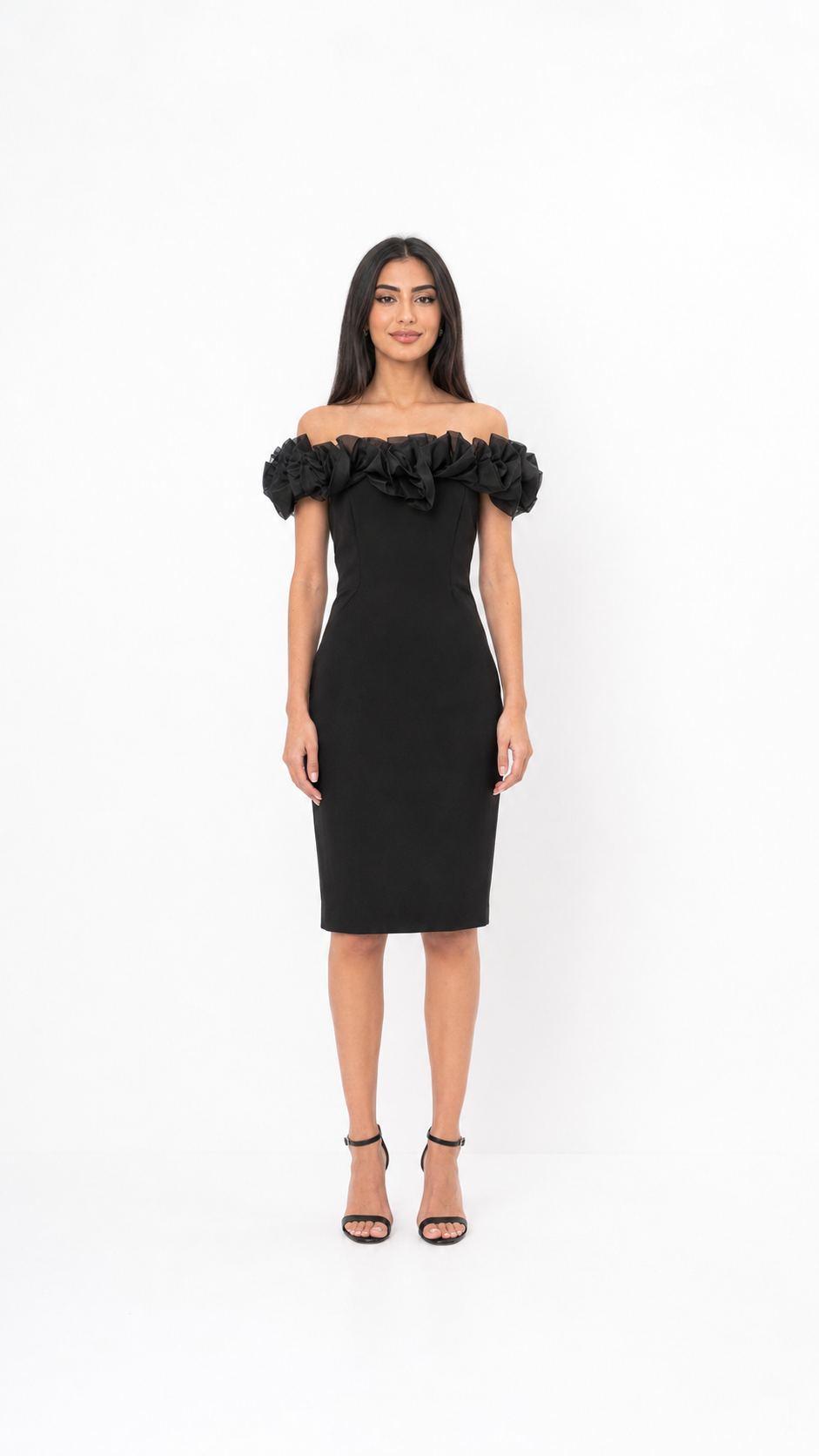 Black Ruffled Off-Shoulder Midi Dress – Luna