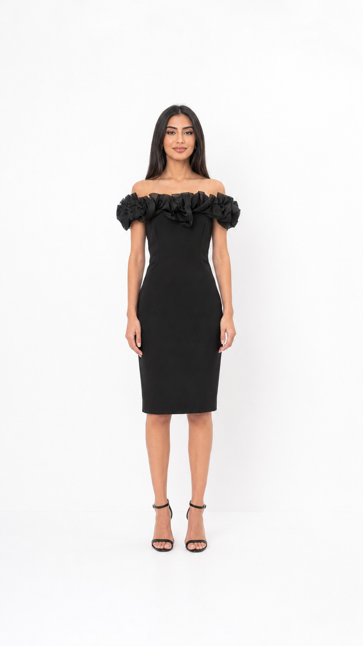 Black Ruffled Off-Shoulder Midi Dress – Luna