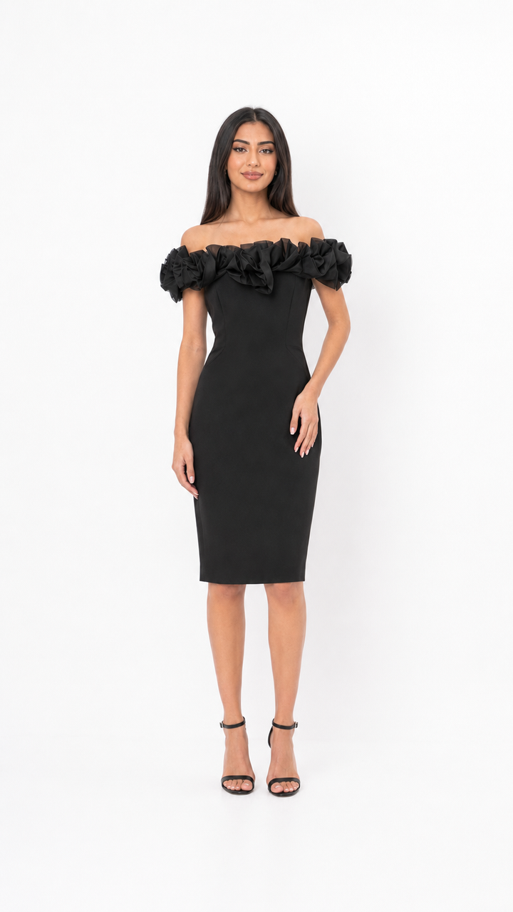 Black Ruffled Off-Shoulder Midi Dress – Luna