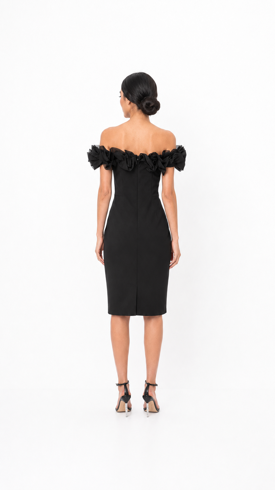 Black Ruffled Off-Shoulder Midi Dress – Luna