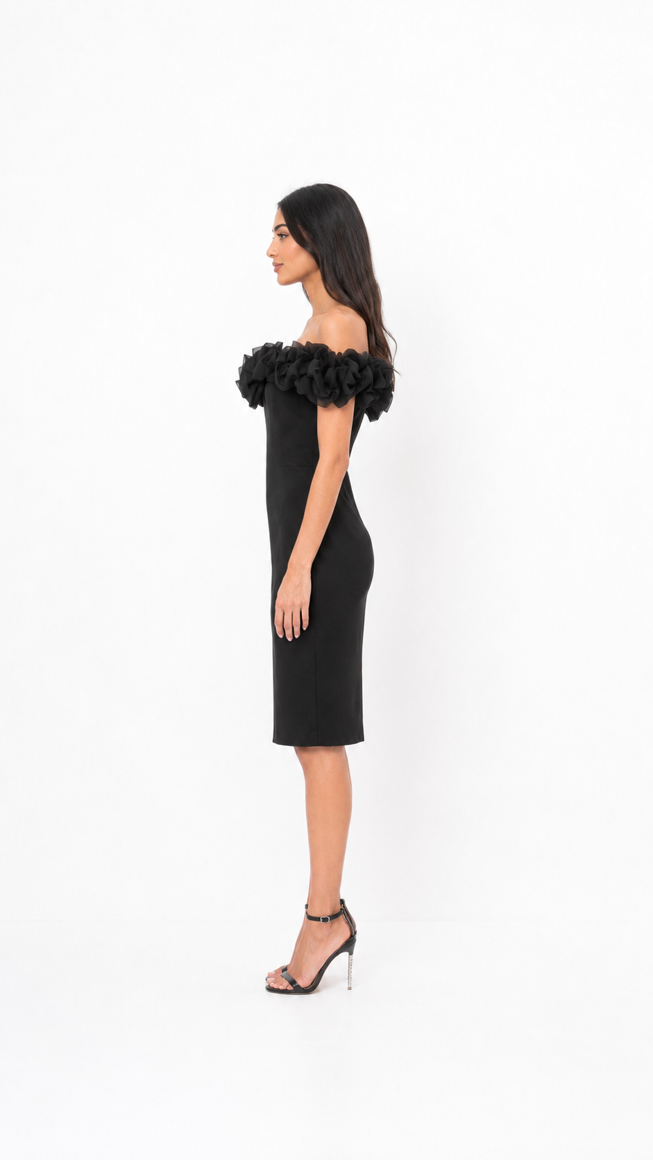 Black Ruffled Off-Shoulder Midi Dress – Luna