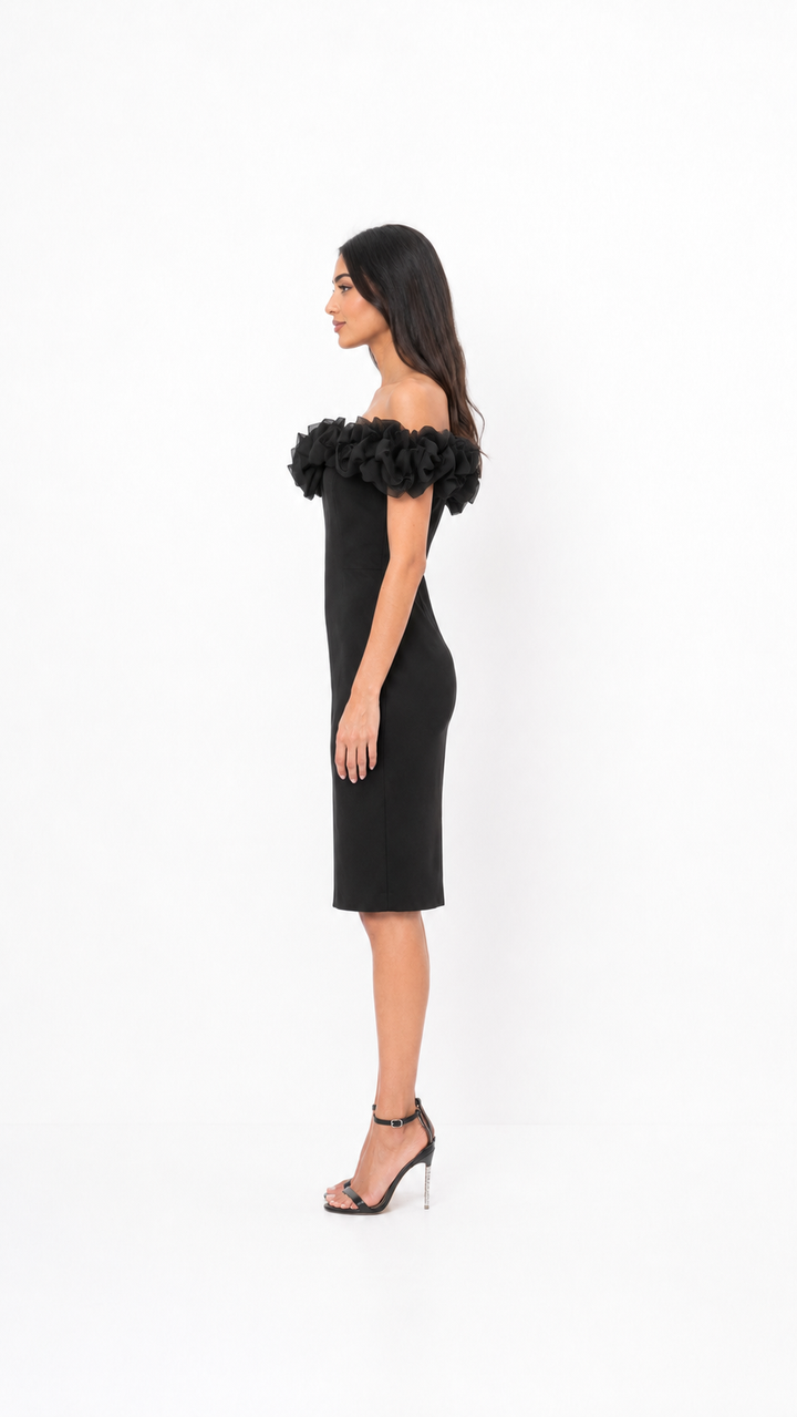 Black Ruffled Off-Shoulder Midi Dress – Luna