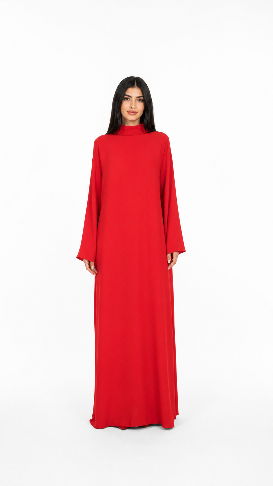 Red High-Neck Relaxed Maxi Dress – Elara