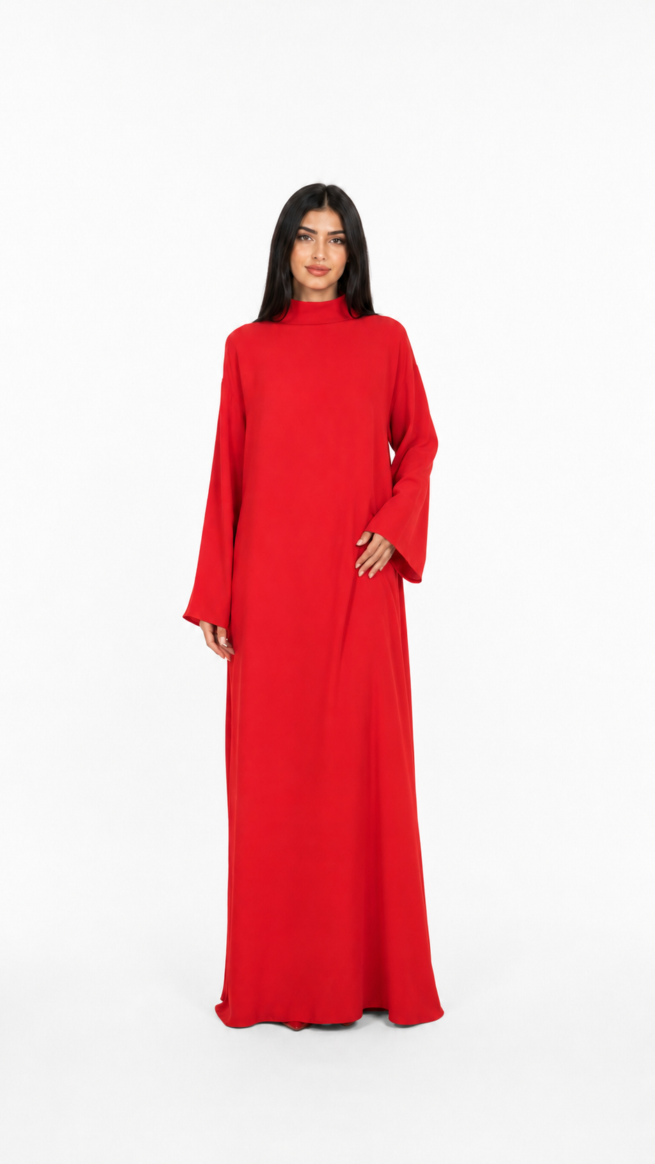 Red High-Neck Relaxed Maxi Dress – Elara