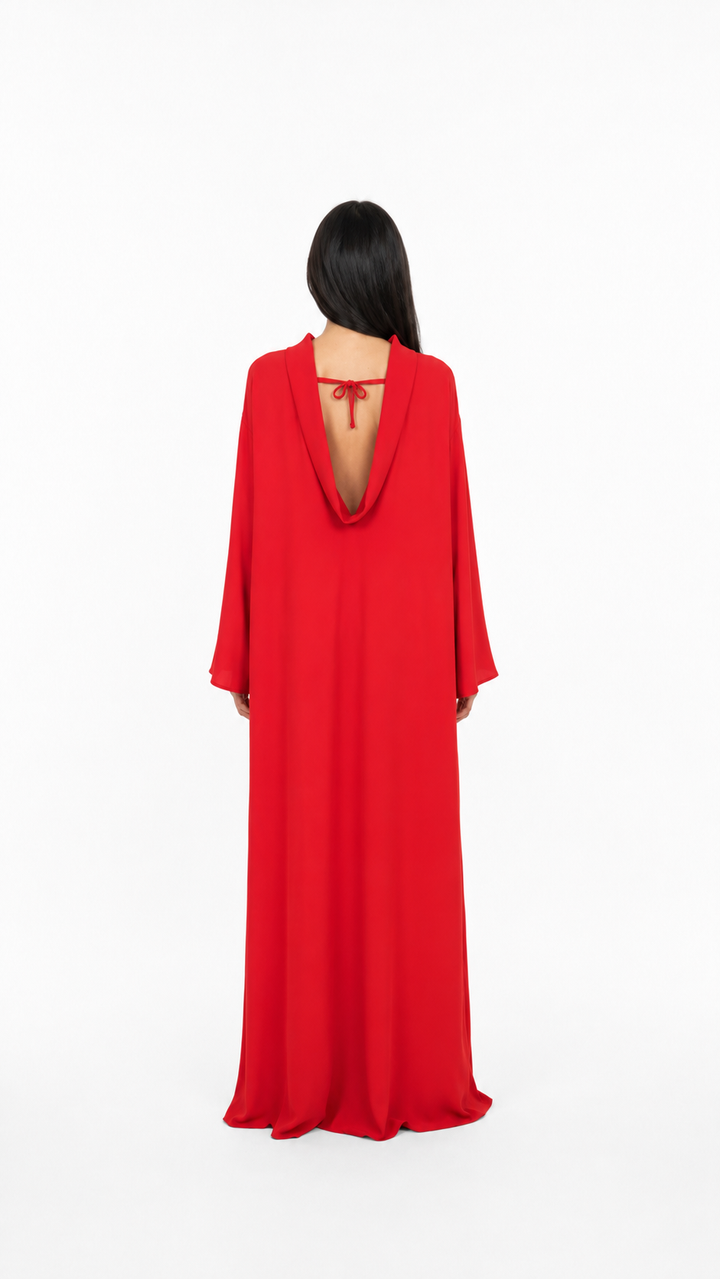 Red High-Neck Relaxed Maxi Dress – Elara