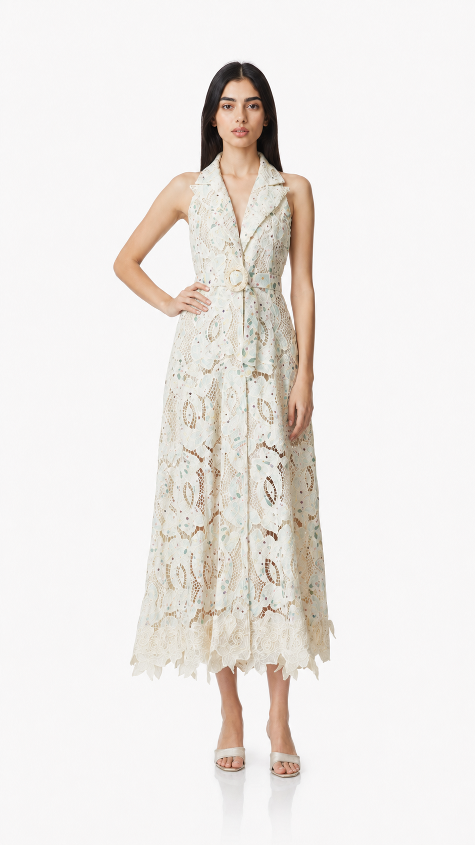 Ivory Lace Belted Midi Dress – Aria