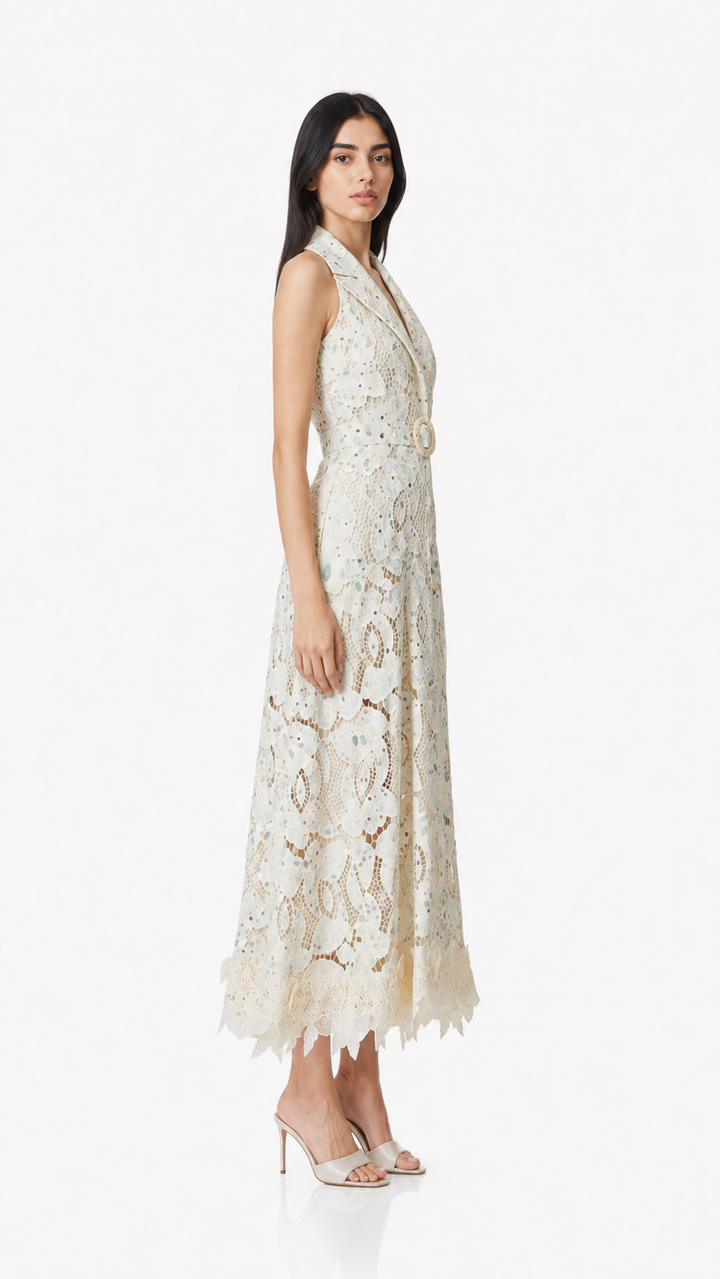 Ivory Lace Belted Midi Dress – Aria