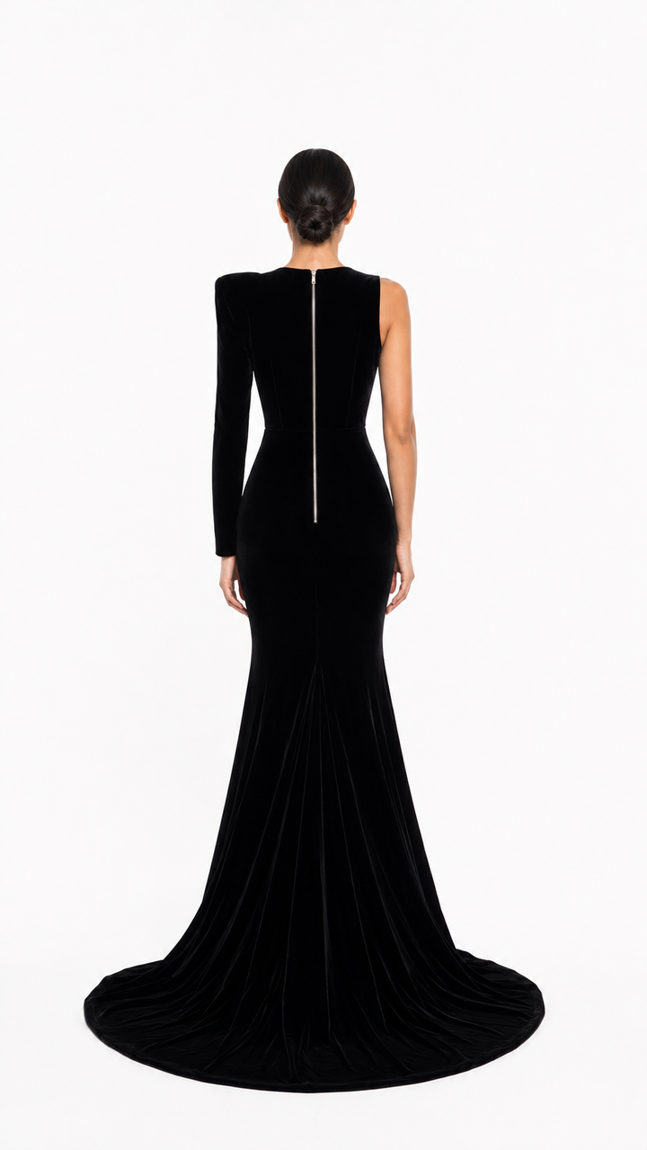 Black Velvet Asymmetric-Sleeve Maxi Dress – Elvire