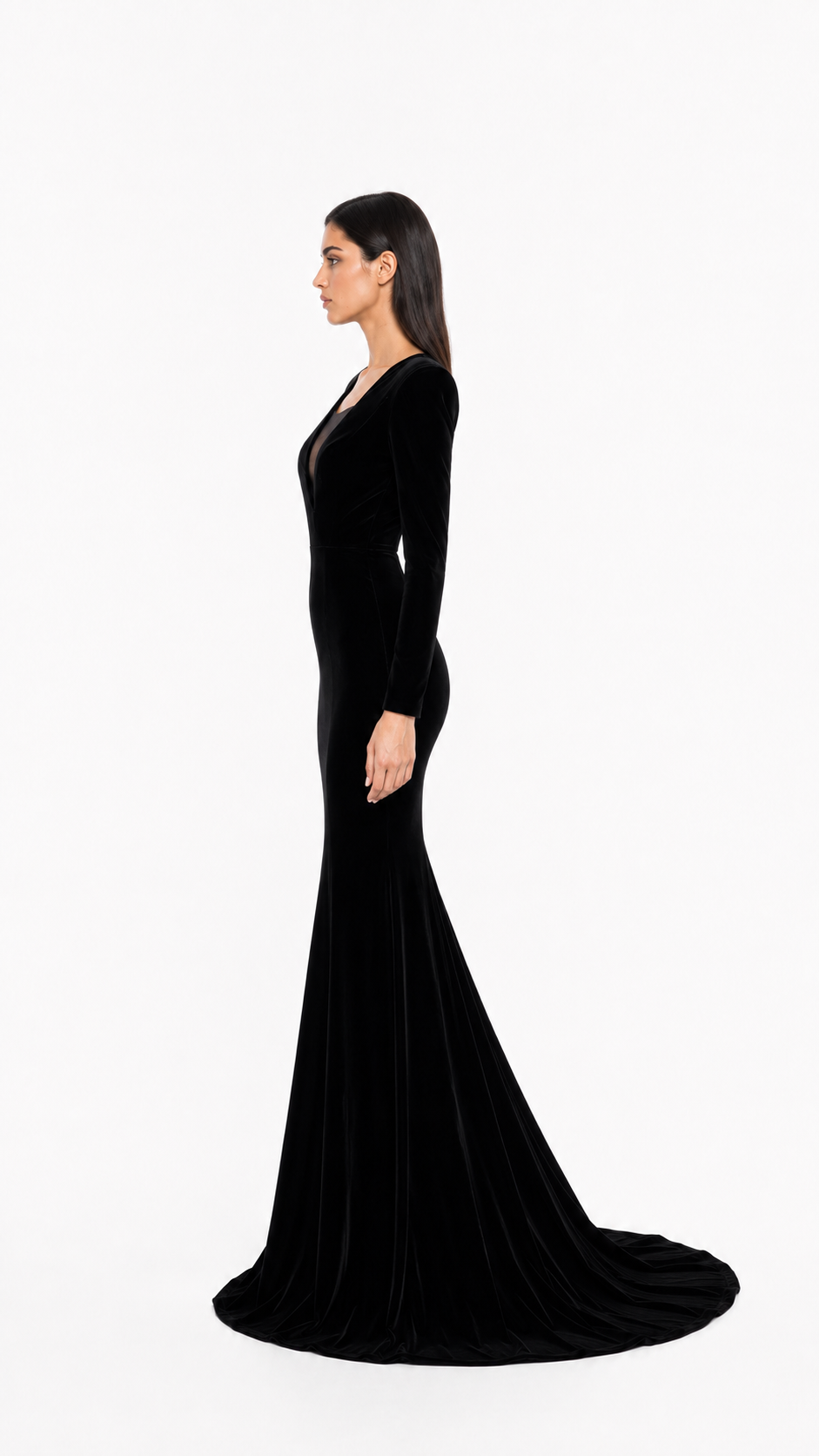 Black Velvet Asymmetric-Sleeve Maxi Dress – Elvire