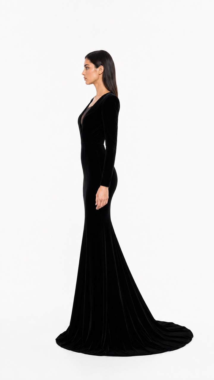 Black Velvet Asymmetric-Sleeve Maxi Dress – Elvire