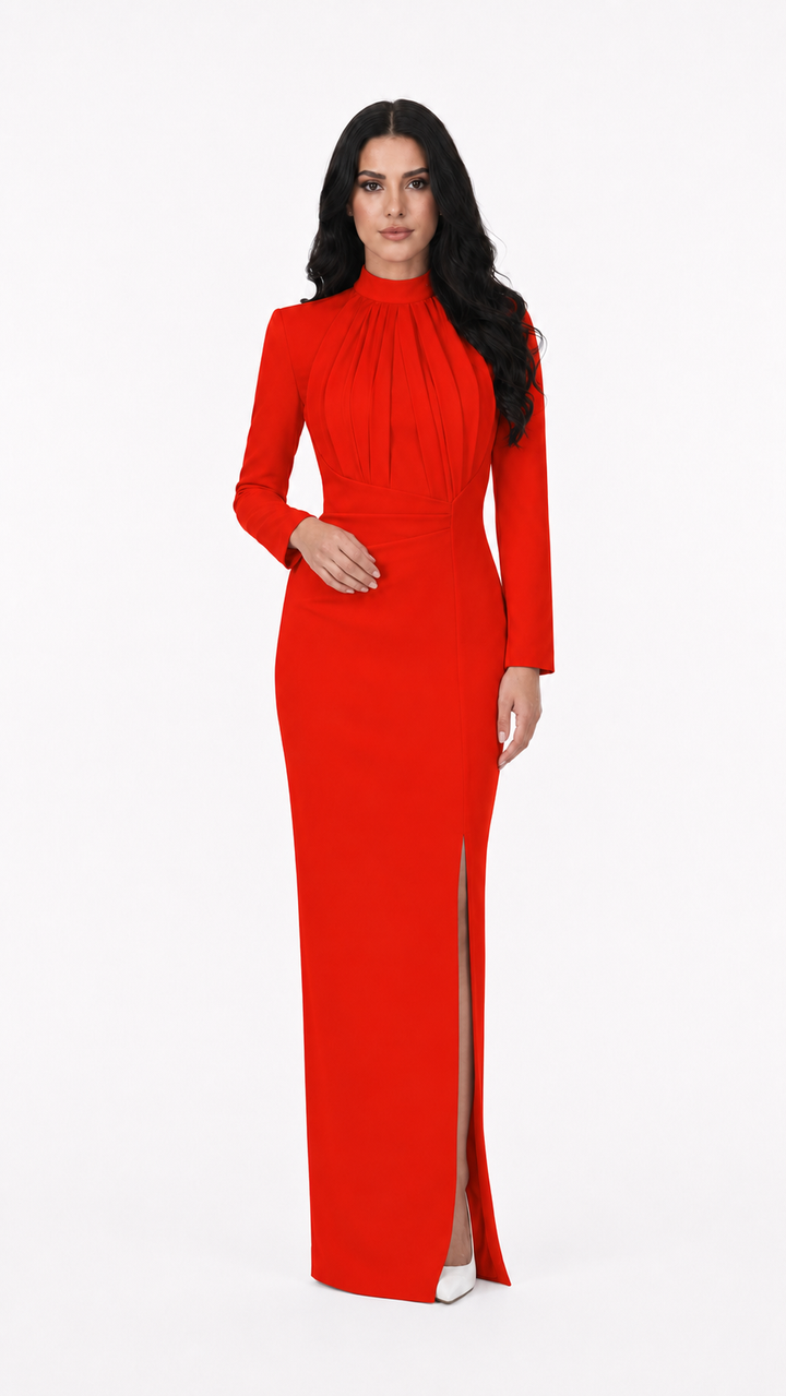 Ivory High Neck Draped Split Evening Gown – STELLA