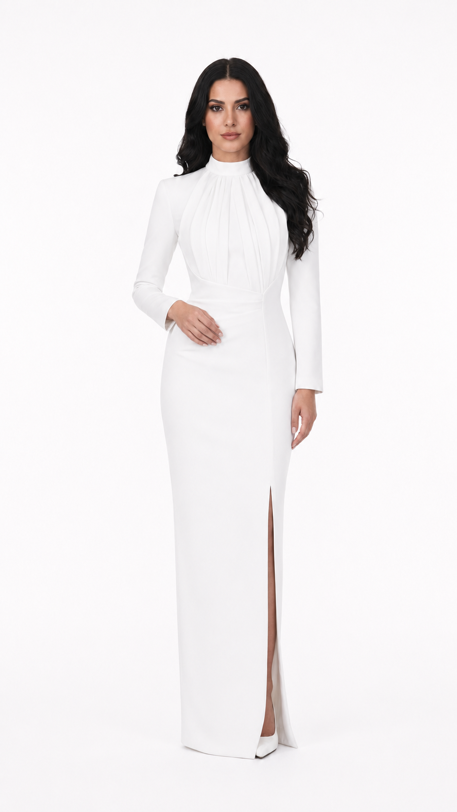 Ivory High Neck Draped Split Evening Gown – STELLA
